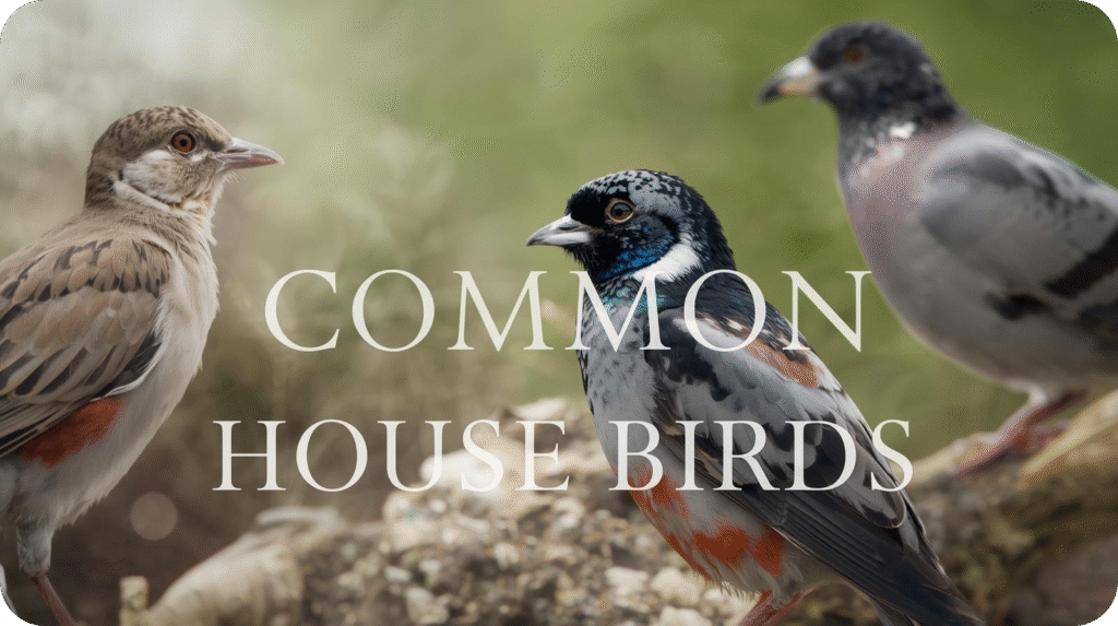 Title "Common House Birds" overlaid on a photo of three birds: a brown bird, a colorful bird, and a pigeon.
