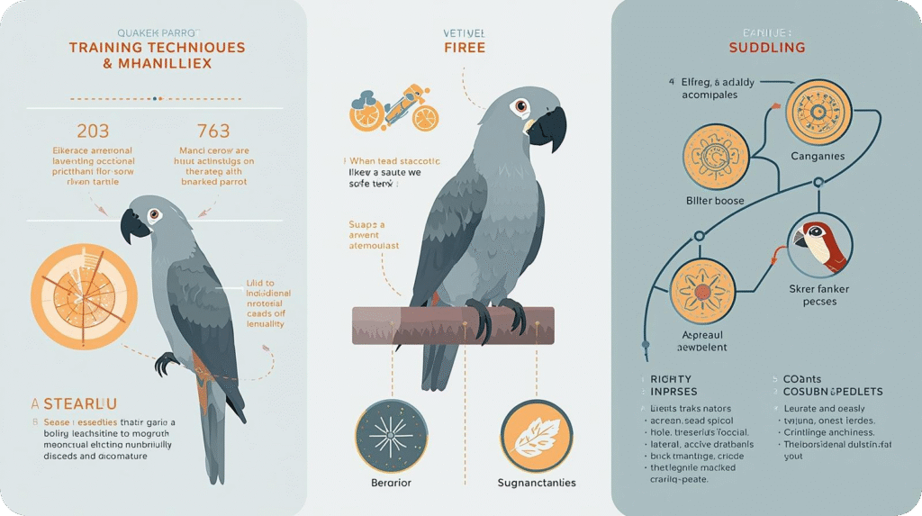 Infographic on Quaker parrot training techniques featuring a grey parrot, diagrams, and instructional text.