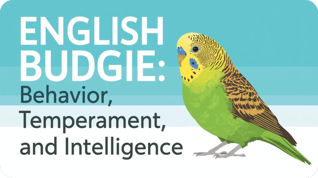 A graphic titled "ENGLISH BUDGIE: Behavior, Temperament, and Intelligence" with an illustration of a green budgie.