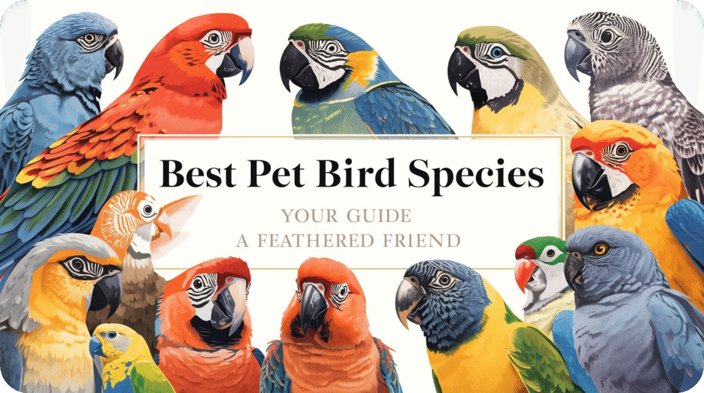 Collage of colorful parrots framing the title "Best Pet Bird Species: Your Guide a Feathered Friend".
