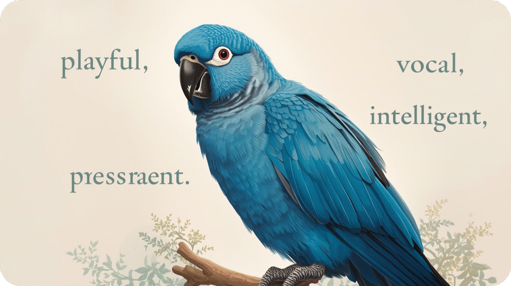 Blue parrot illustration with words playful, vocal, intelligent, and pressraent on a beige background.
