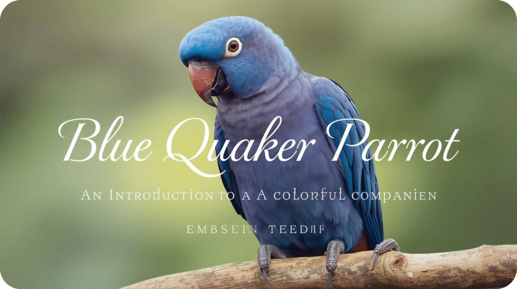 Blue parrot on branch, text "Blue Quaker Parrot: An Introduction to a Colorful Companion" on green background.
