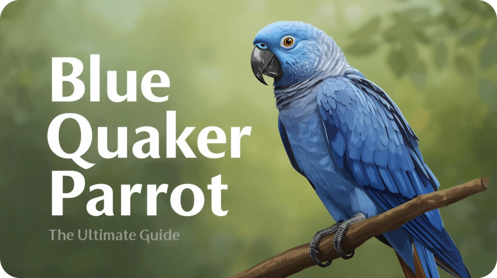 Blue parrot perched on a branch next to text 'Blue Quaker Parrot: The Ultimate Guide' on green background.

