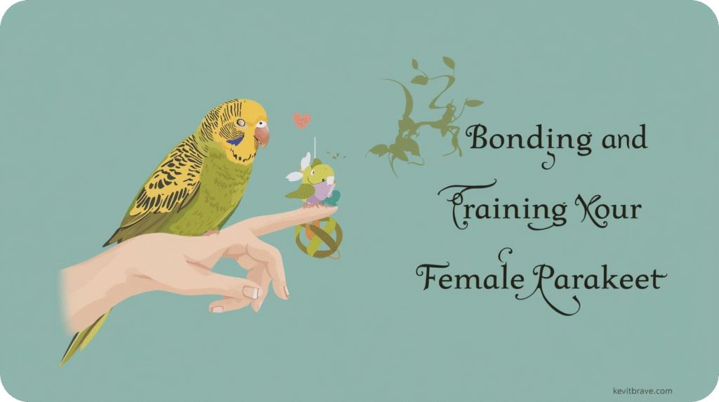 Female parakeet interacting gently with her human owner