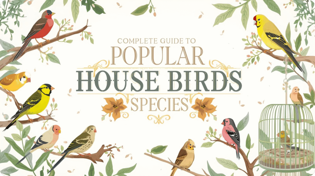 A book cover featuring birds on branches, titled "Complete Guide to Popular House Bird Species."