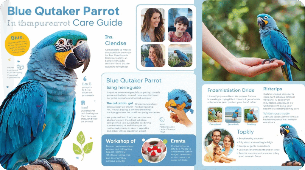 "Blue Qutaker Parrot Care Guide" infographic with a large blue parrot illustration, photos of people, and text blocks.
