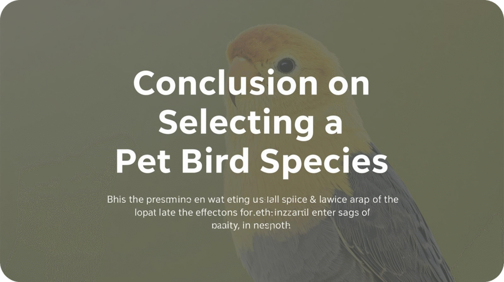 Title "Conclusion on Selecting a Pet Bird Species" overlaid on a photo of a peach-faced lovebird.
