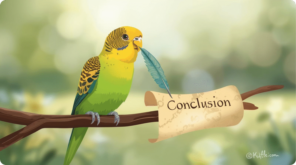 Illustration of a green and yellow parakeet writing "Conclusion" on a scroll with a feather quill.
