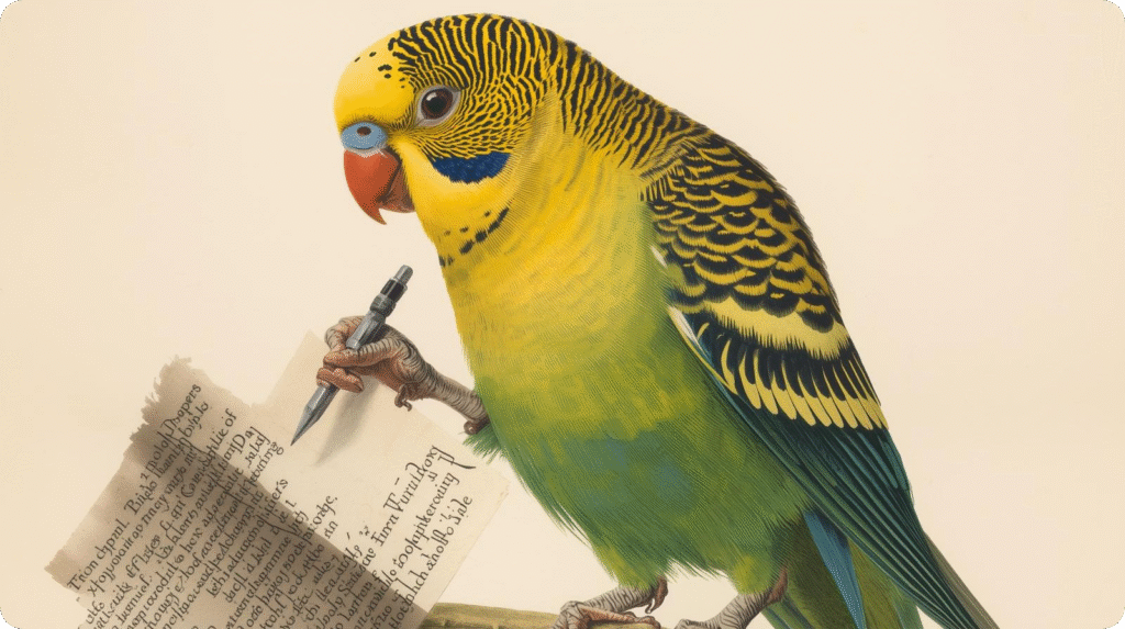 A yellow parakeet perched on a piece of paper beside a pen, showcasing its vibrant feathers and curious demeanor.
