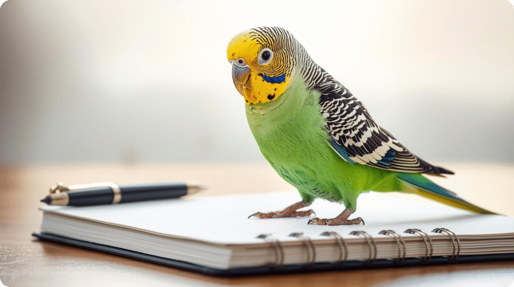 A green and yellow parakeet perched on a notepad, showcasing its vibrant feathers against the white paper background.