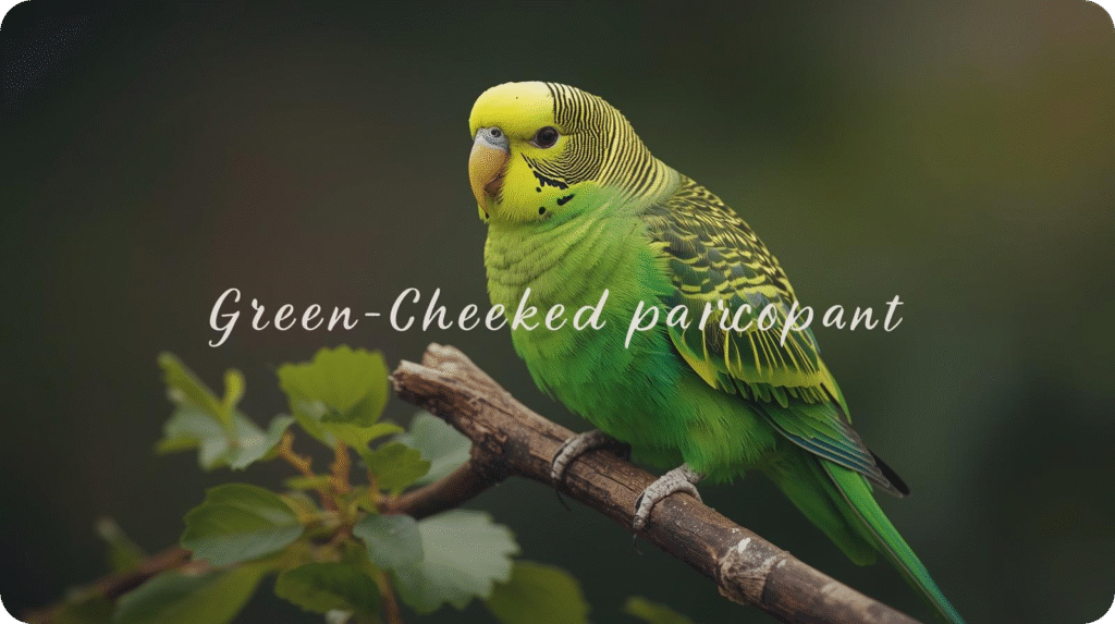 Green budgie on a branch with text "Green-Cheeked parcopant" overlaid.
