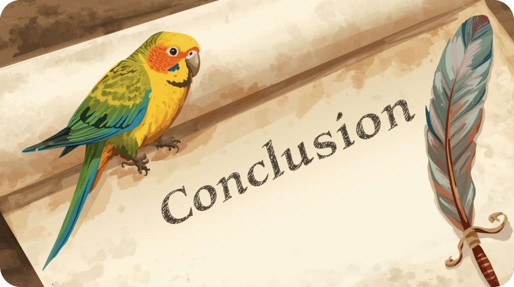 "Conclusion" written on parchment paper, featuring a colorful parrot on the left and a feather quill on the right.

