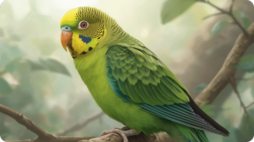 Green and yellow parakeet perched on a branch with a soft, blurred background.