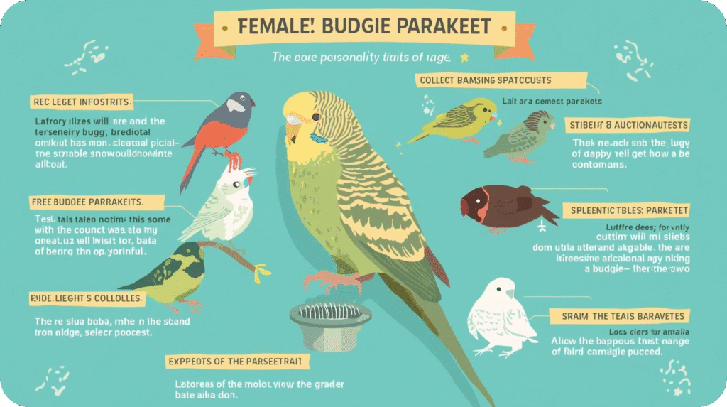 Female parakeet perched, showcasing curious and cautious personality