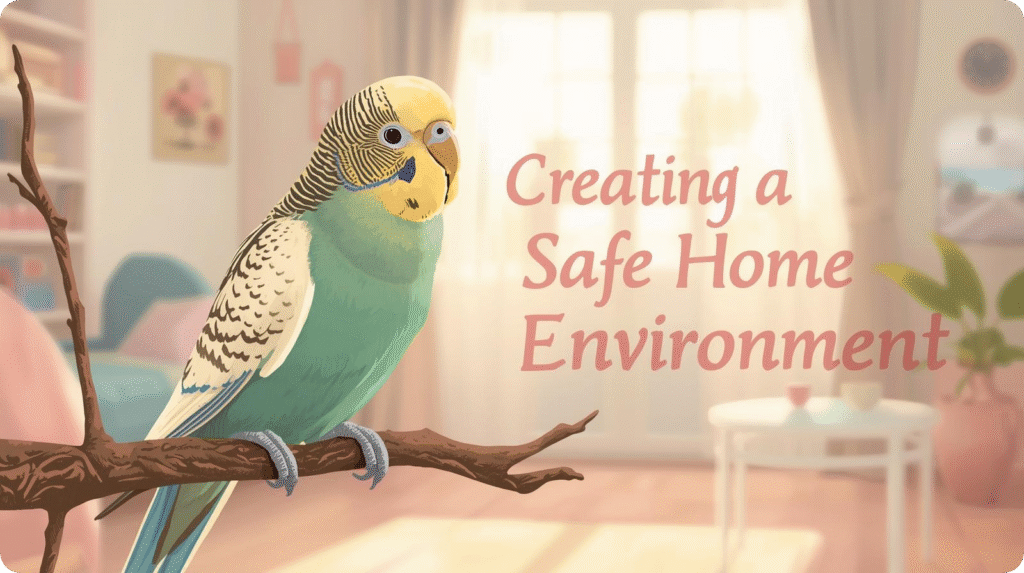 A colorful parrot perched on a branch, accompanied by the phrase "creating a safe home environment."