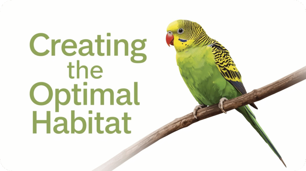 Healthy female parakeet in a spacious, well-equipped cage