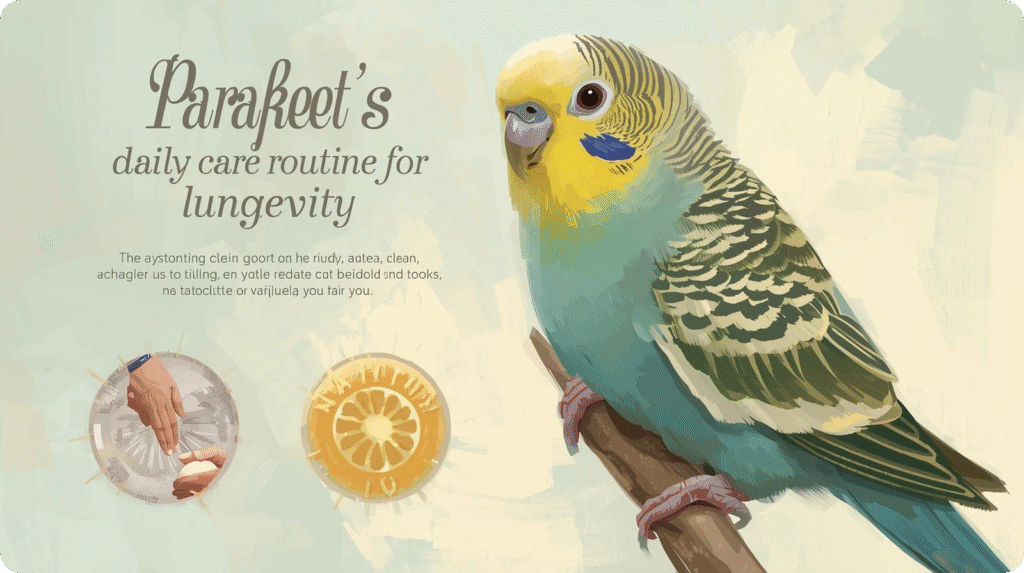 A parakeet perched on a branch, surrounded by food, water, and toys, illustrating its daily care routine for longevity.