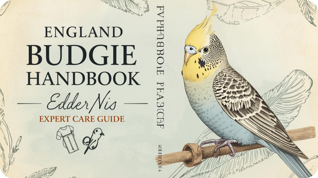 A vintage-style book cover titled "England Budgie Handbook" with an illustration of a budgie on a perch.