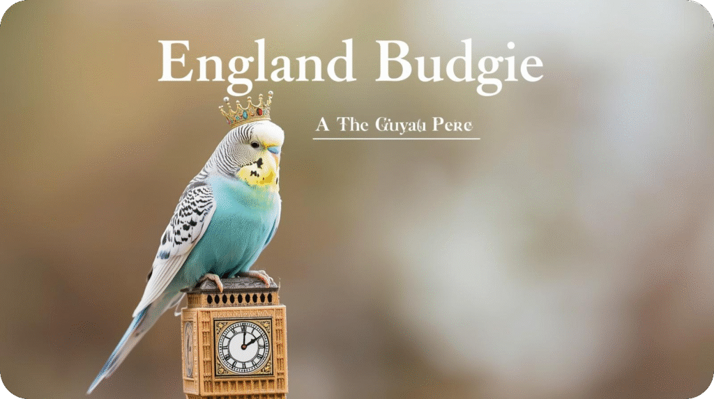 A budgie wearing a crown sits on a miniature Big Ben, with "England Budgie" as the title.