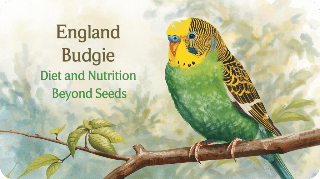 An illustration of a green and yellow budgie perched on a branch, with text "England Budgie Diet and Nutrition Beyond Seeds".