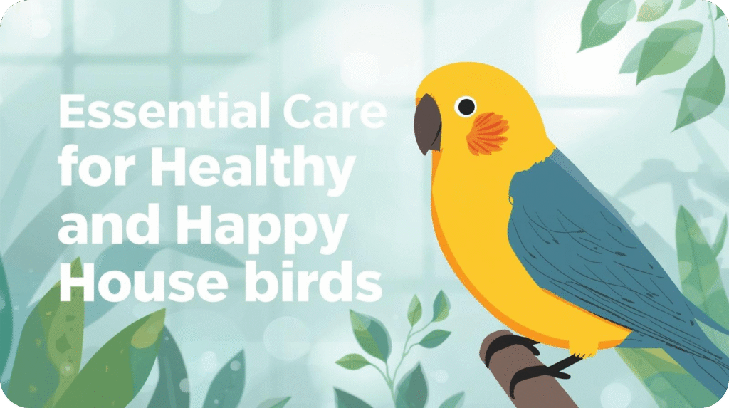 Illustration of a yellow and blue parrot next to text "Essential Care for Healthy and Happy House birds".
