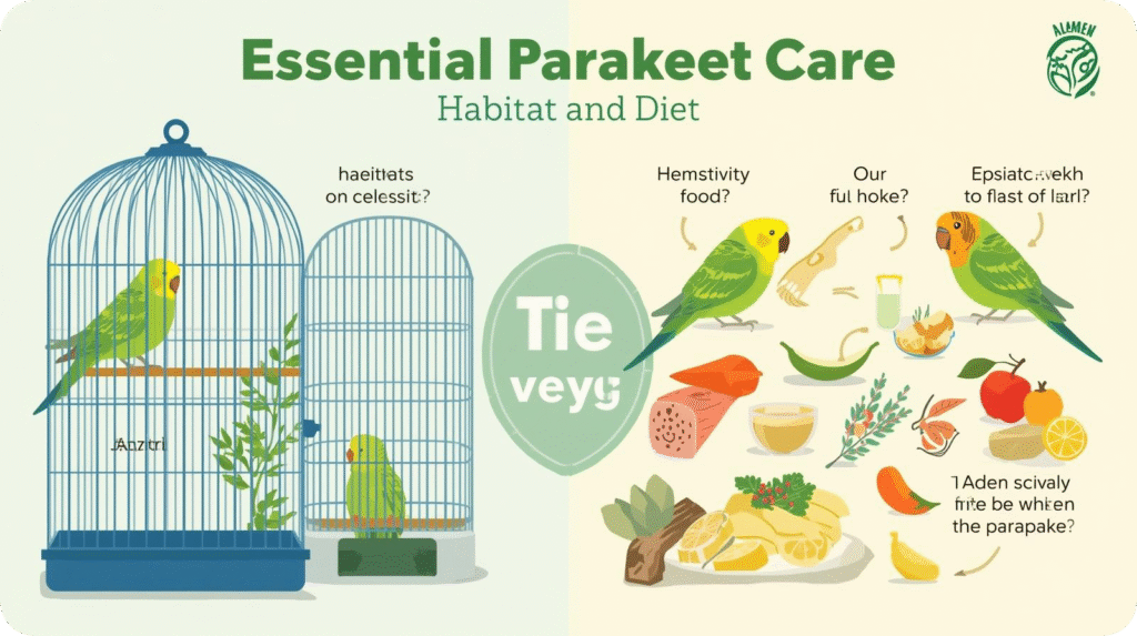 Infographic titled Essential Parakeet Care showing a cage habitat and diet choices like fruits and seeds.