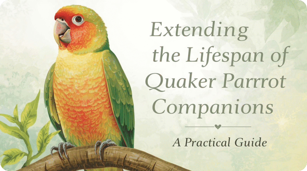 Colorful parrot on branch, text "Extending the Lifespan of Quaker Parrot Companions: A Practical Guide".