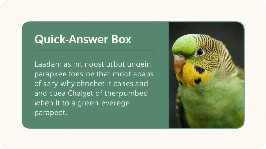 Green parakeet portrait in a Quick-Answer Box graphic with placeholder text.
