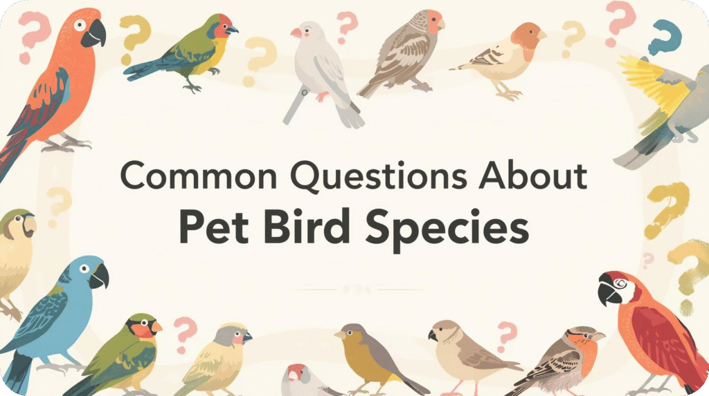 "Common Questions About Pet Bird Species" text surrounded by colorful bird illustrations and question marks.
