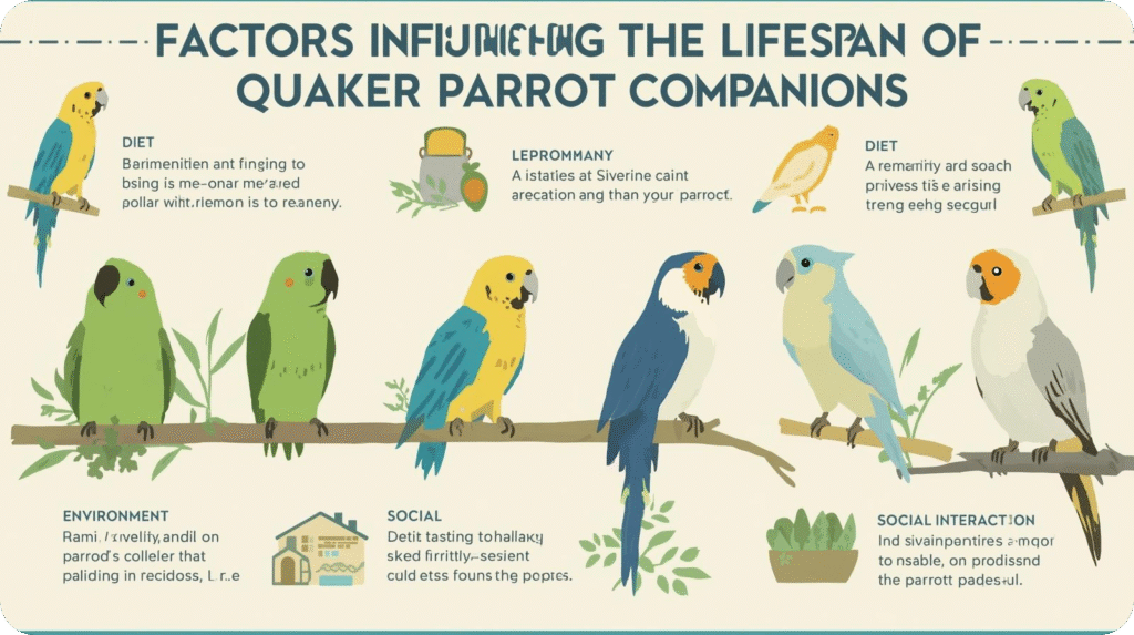 Infographic: "Factors Influencing Quaker Parrot Lifespan" with colorful parrots and text on diet, environment, and social.