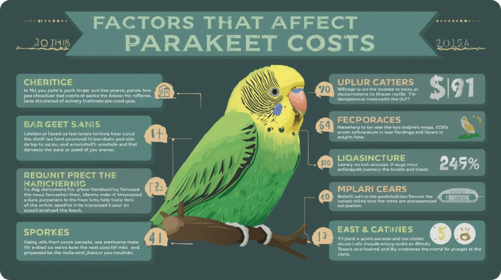 Infographic titled “Factors That Affect Parakeet Costs” with a parakeet illustration and labeled cost factors around it.