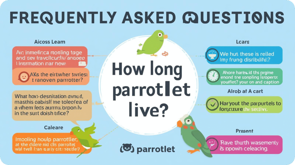 Infographic titled "FREQUENTLY ASKED QUESTIONS" centered on "How long parrotlet live?" with surrounding text boxes.
