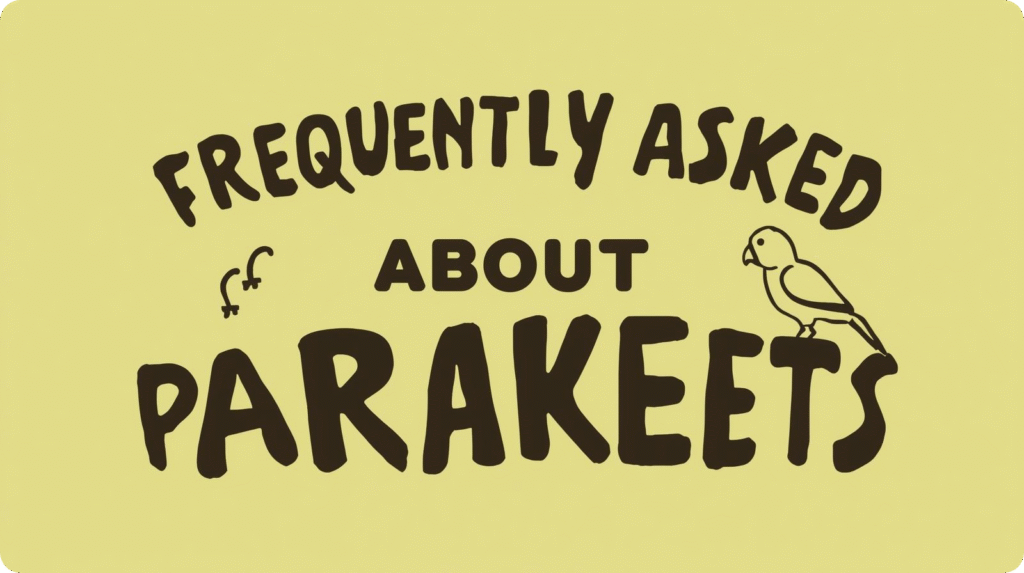 Yellow graphic reading "FREQUENTLY ASKED ABOUT PARAKEETS" in bold brown font with a simple parakeet outline.
