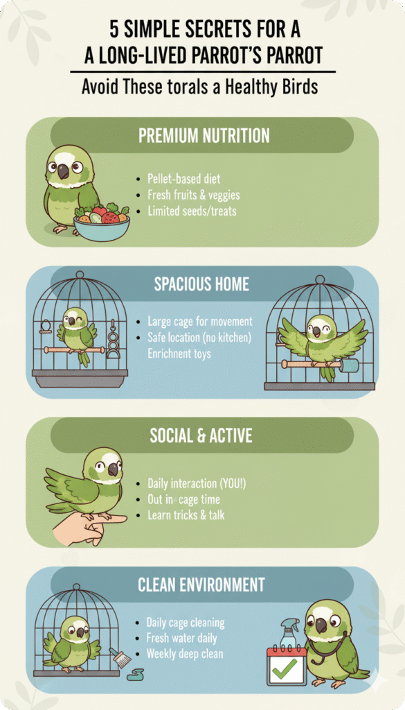 Infographic highlighting common mistakes that can reduce a Quaker parrot's lifespan, with visual tips and statistics.