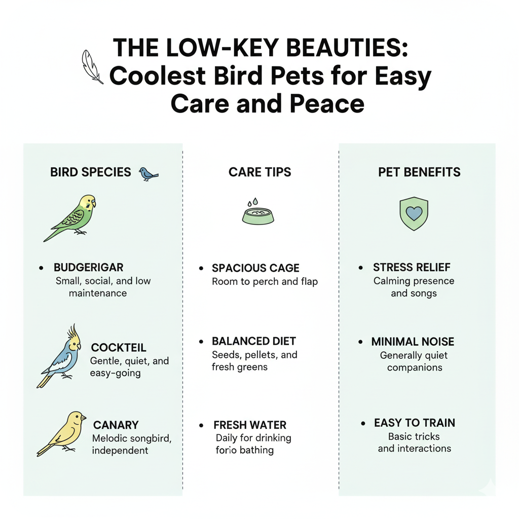 Peaceful finch and gentle dove perched quietly, representing easy-care, calm, and serene personalities of the coolest bird pets.