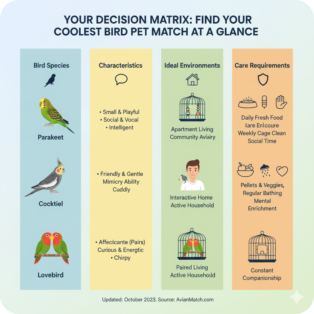 Comparison chart of colorful pet birds helping owners quickly find their perfect match among the coolest bird pets.