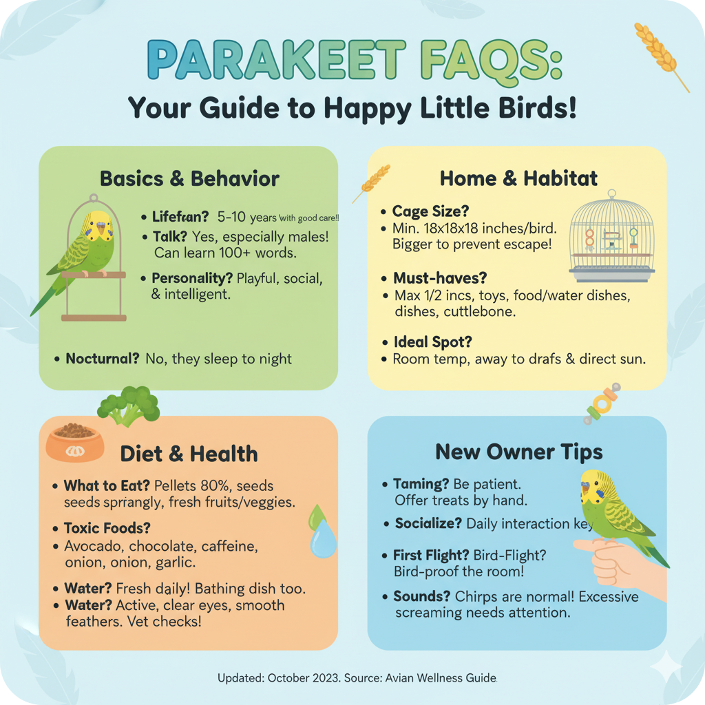 Illustration of a curious parakeet beside question marks, representing answers to common queries about the coolest bird pets.