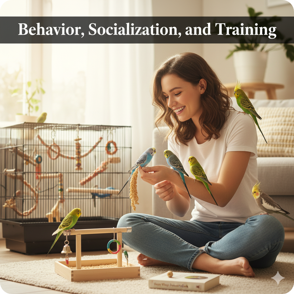 Parakeets interacting playfully on perches, demonstrating social behavior, bonding, and gentle training in a friendly environment.