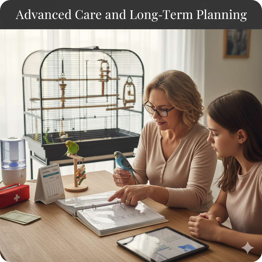 Parakeets in a well-equipped aviary receiving advanced care with balanced nutrition, enrichment, and long-term wellness planning.