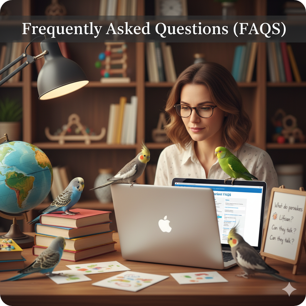 Illustration of different kinds of parakeets with question icons, representing common FAQs about parakeet types and care.
