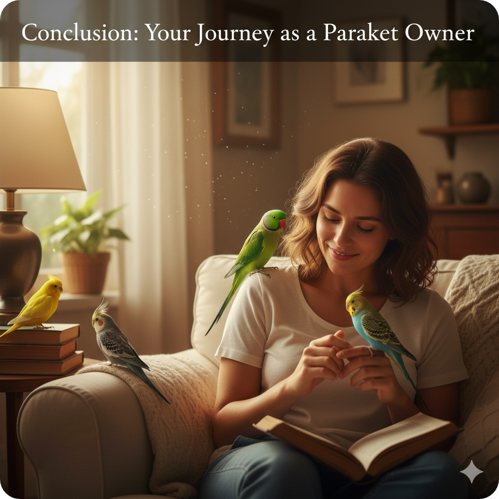 Happy parakeet owner bonding with different kinds of parakeets, symbolizing lifelong care, companionship, and commitment.