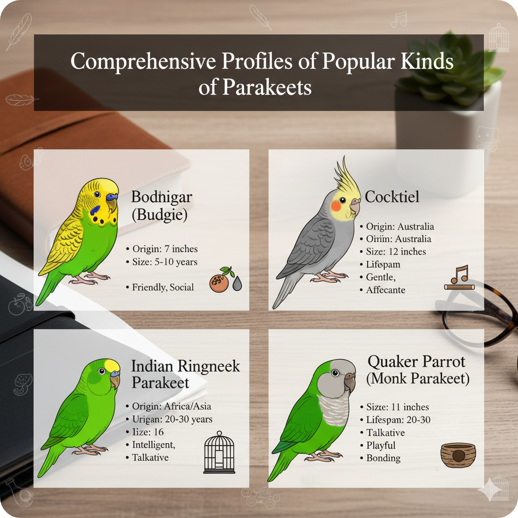 Comprehensive chart displaying popular kinds of parakeets with names, colors, sizes, and personality traits for easy comparison.