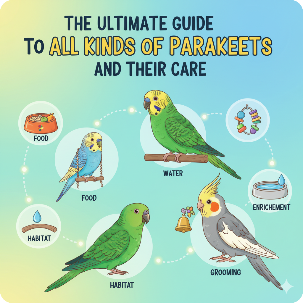 Illustrated guide showing different kinds of parakeets with care essentials such as food, water, habitat, enrichment, and grooming