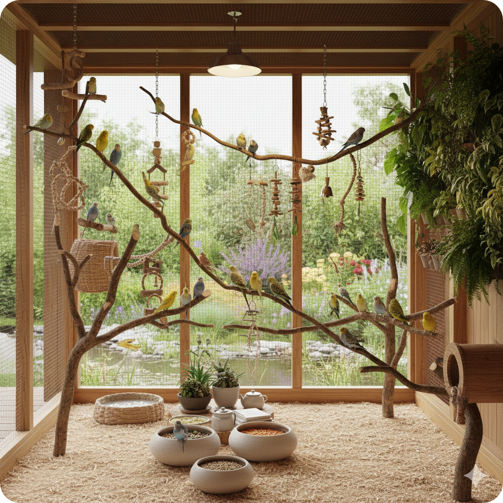Natural indoor aviary setup for different kinds of parakeets featuring wooden branches, hanging toys, seed bowls, and lush greenery for enrichment and comfort