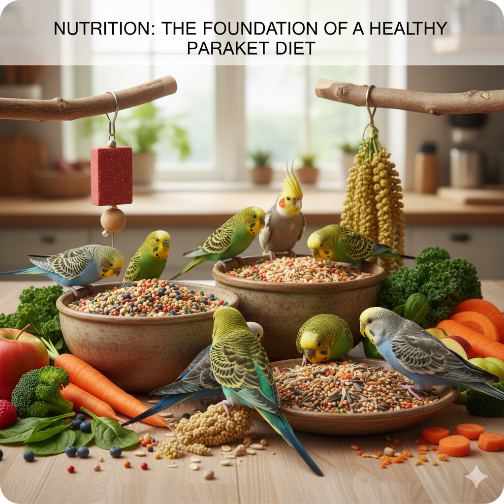 Parakeets eating a balanced diet of seeds, pellets, fruits, and vegetables, illustrating the foundation of a healthy parakeet diet.