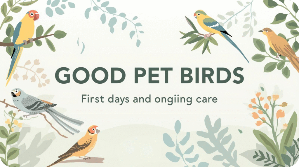 An illustration with various birds on branches, centered text "GOOD PET BIRDS First days and ongoing care".

