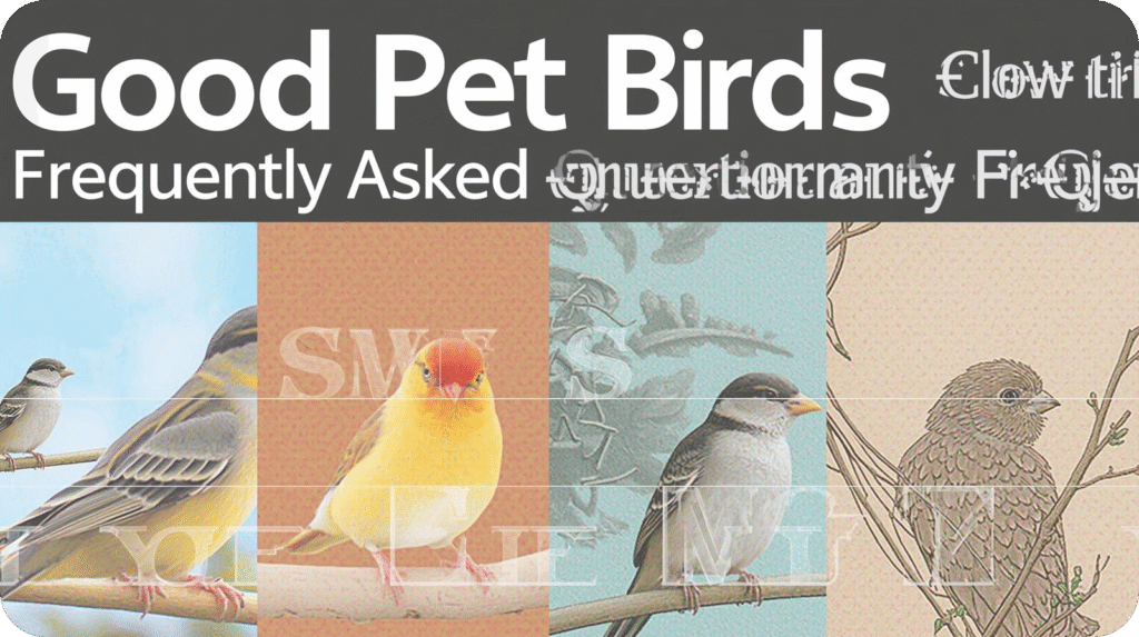 A banner titled "Good Pet Birds Frequently Asked Questions" over a split image of four different small birds.
