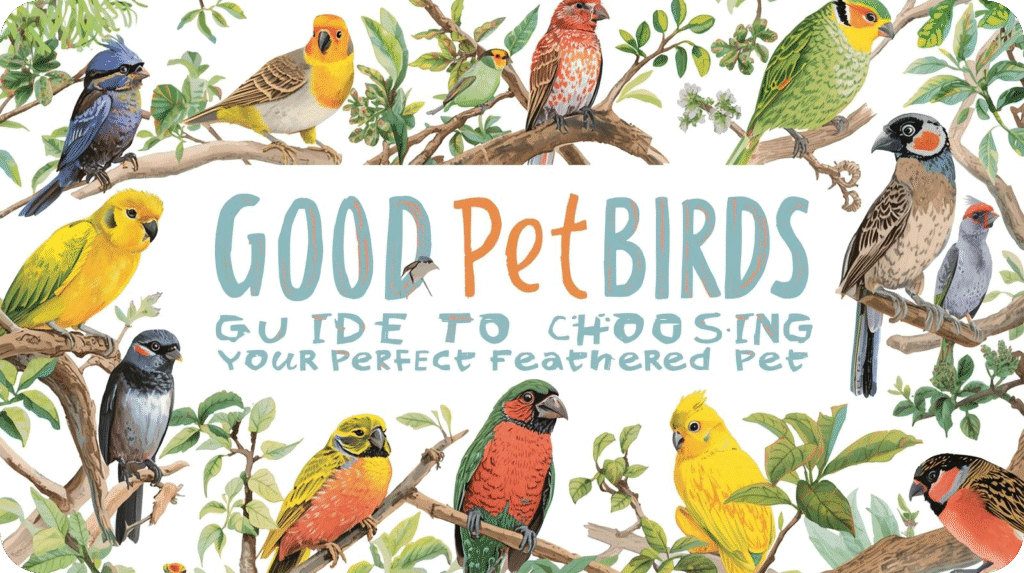 A colorful illustration of various birds on branches, surrounding the title "GOOD Pet BIRDS Guide To Choosing Your Perfect Feathered Pet".
