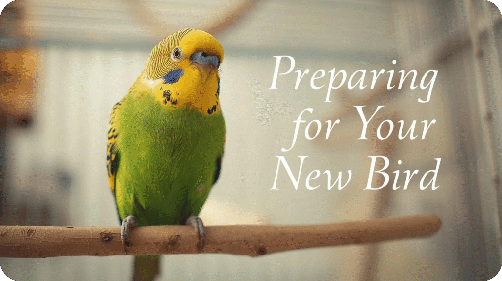 A green and yellow budgie perches on a wooden stick in a cage, with text "Preparing for Your New Bird".
