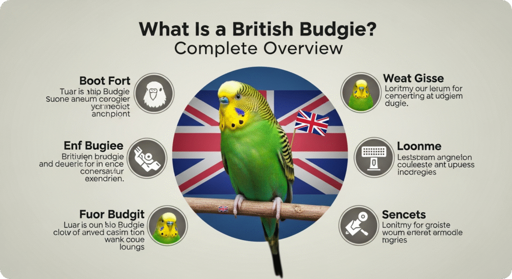 Close-up of a British Budgie showing its vibrant feathers, plump body, and gentle expression